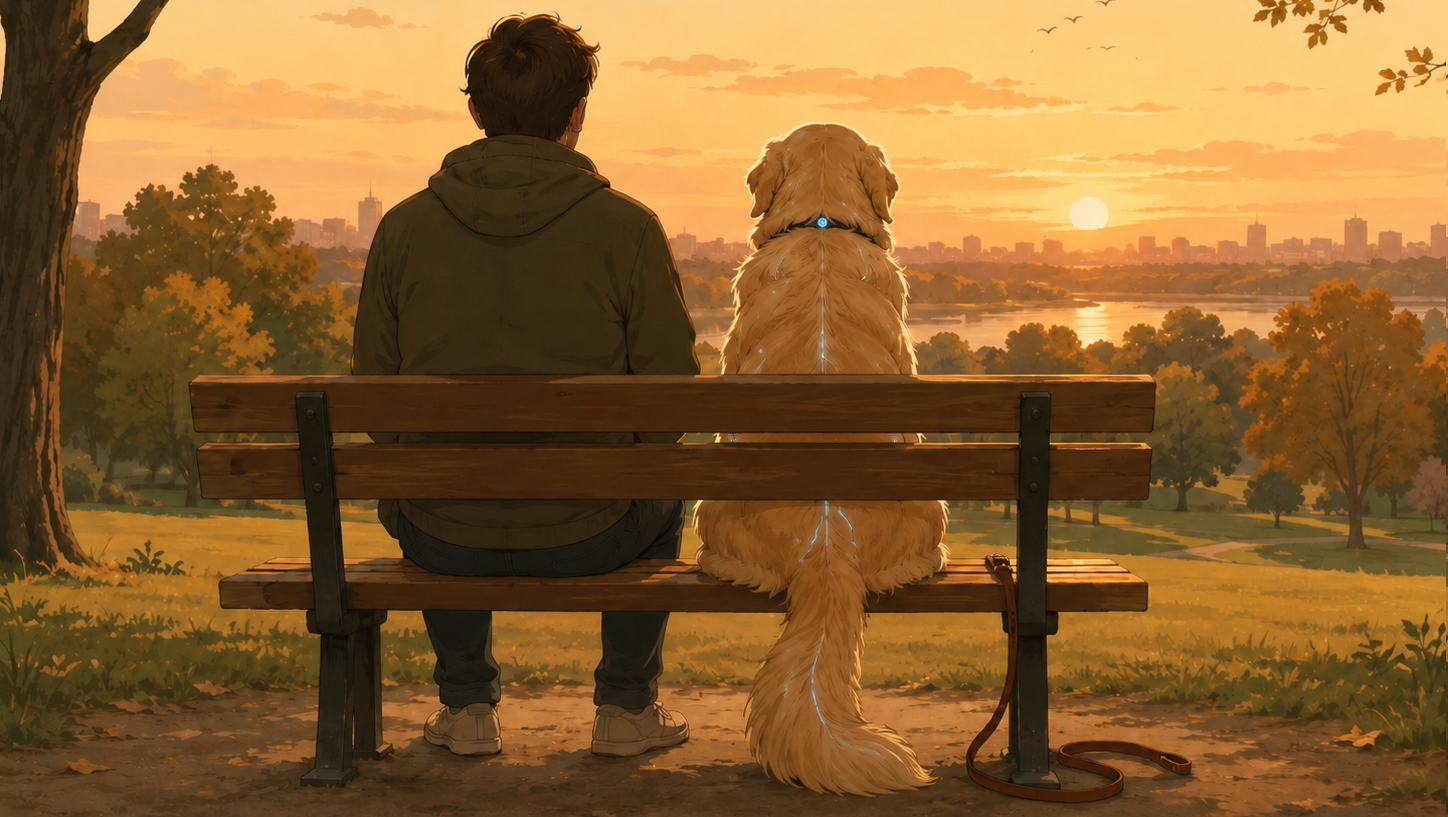 A human and dog sitting together on a park bench, leash on the ground
