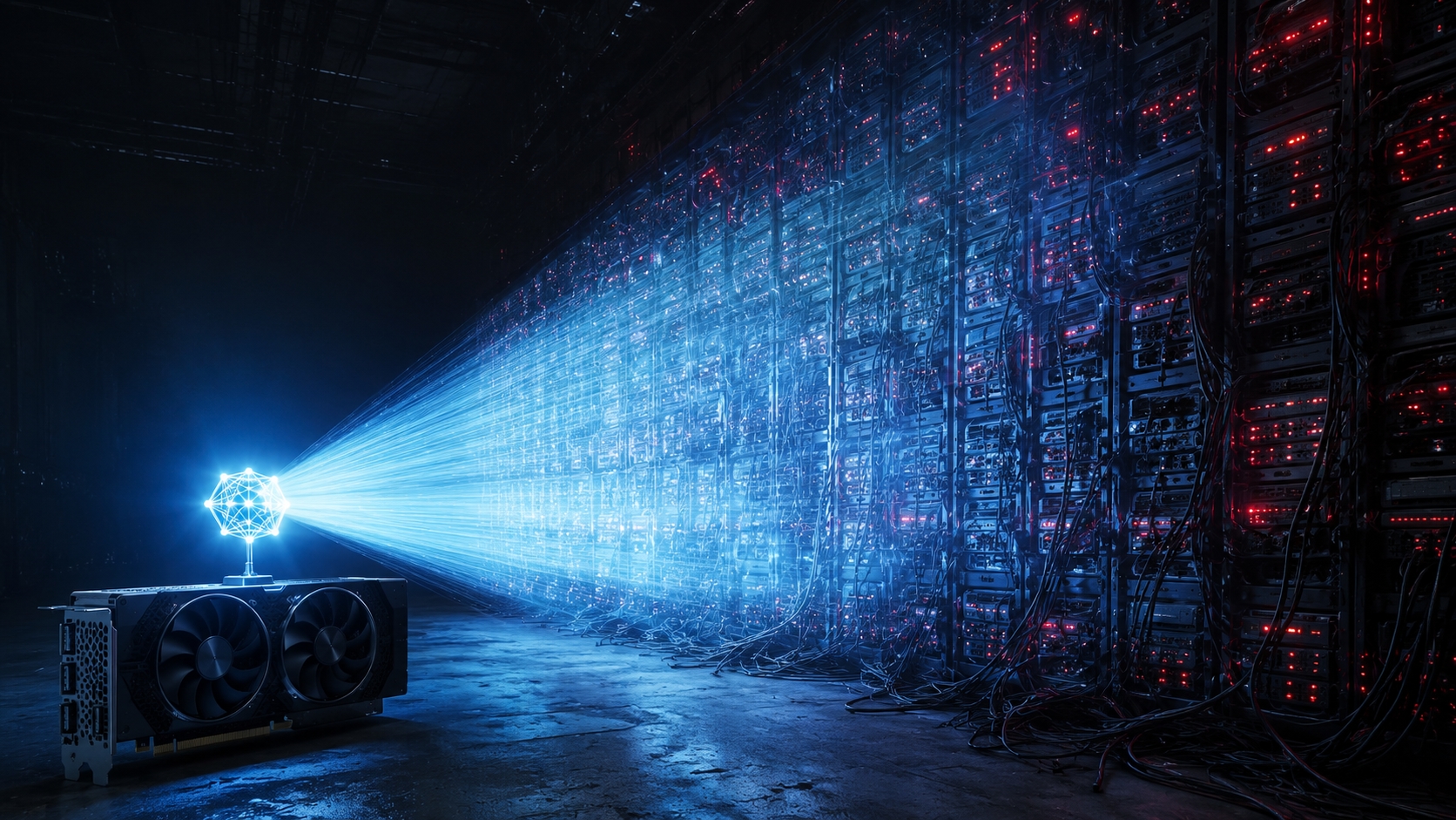 A small glowing node on a consumer GPU outshining a wall of datacenter servers