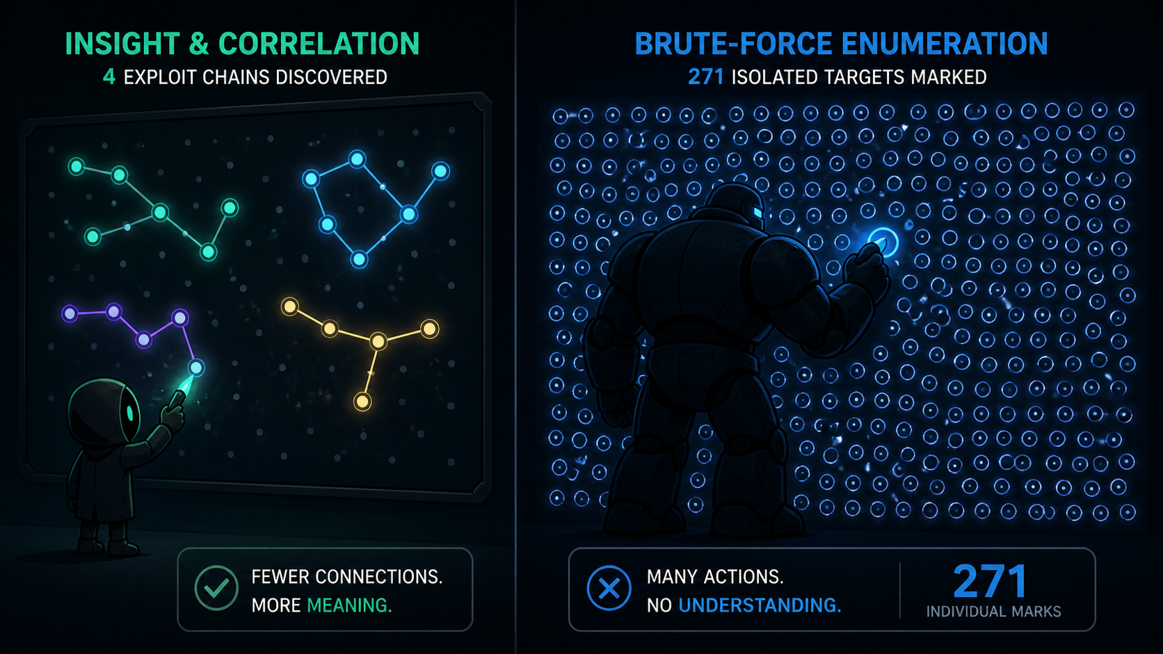 Insight and Correlation vs Brute-Force Enumeration — small figure drawing 4 exploit chain constellations, massive figure circling 271 isolated dots