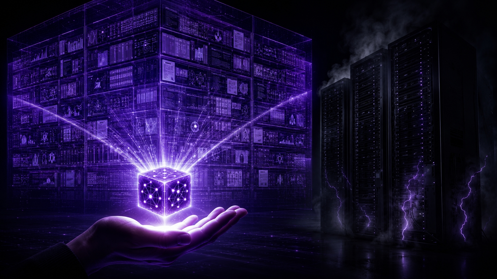 A hand holding a glowing cube with neural network patterns